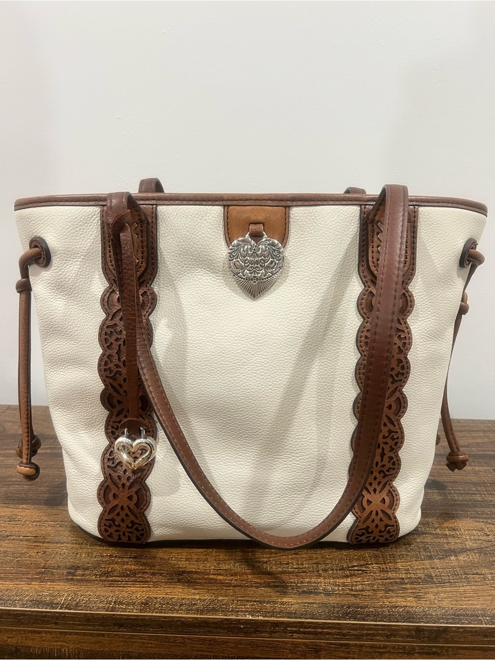Brighton Cream Tote with Brown Leather Trim and Heart Medallion